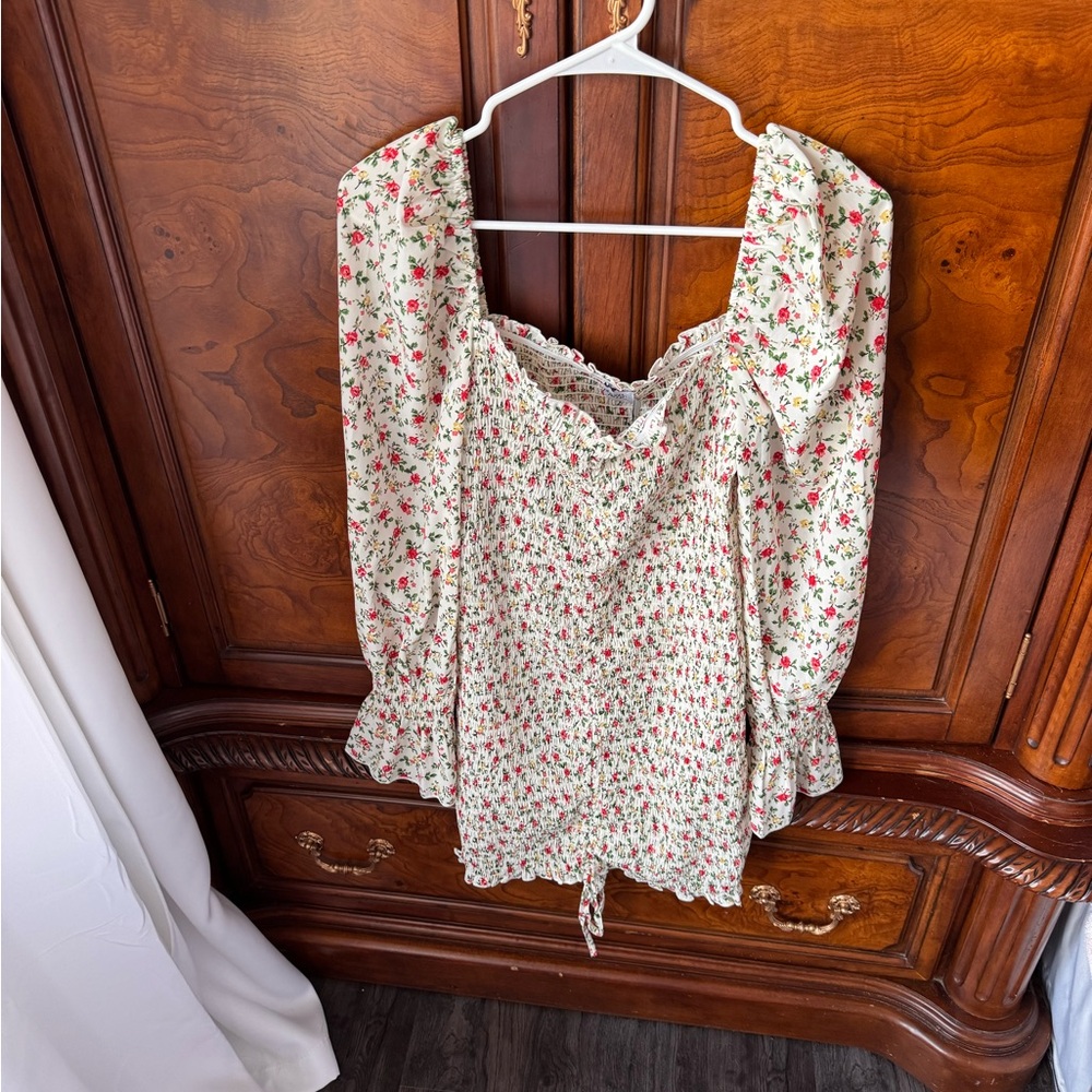 Princess Polly Cream Floral Smocked Mini Dress with Pink & Green Print
